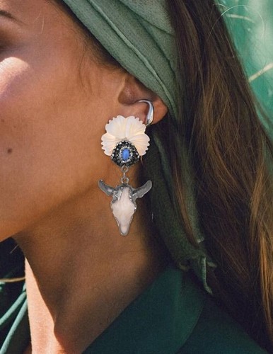 Bull Head Skull Earrings Southwestern Crystal Floral Turquoise Shell Silver Post - Picture 5 of 7