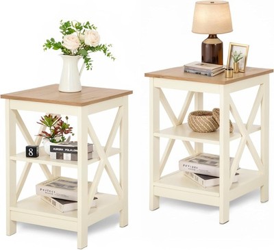 End Tables Living Room Set of 2, Farmhouse Small Side Table 3-Tier Modern