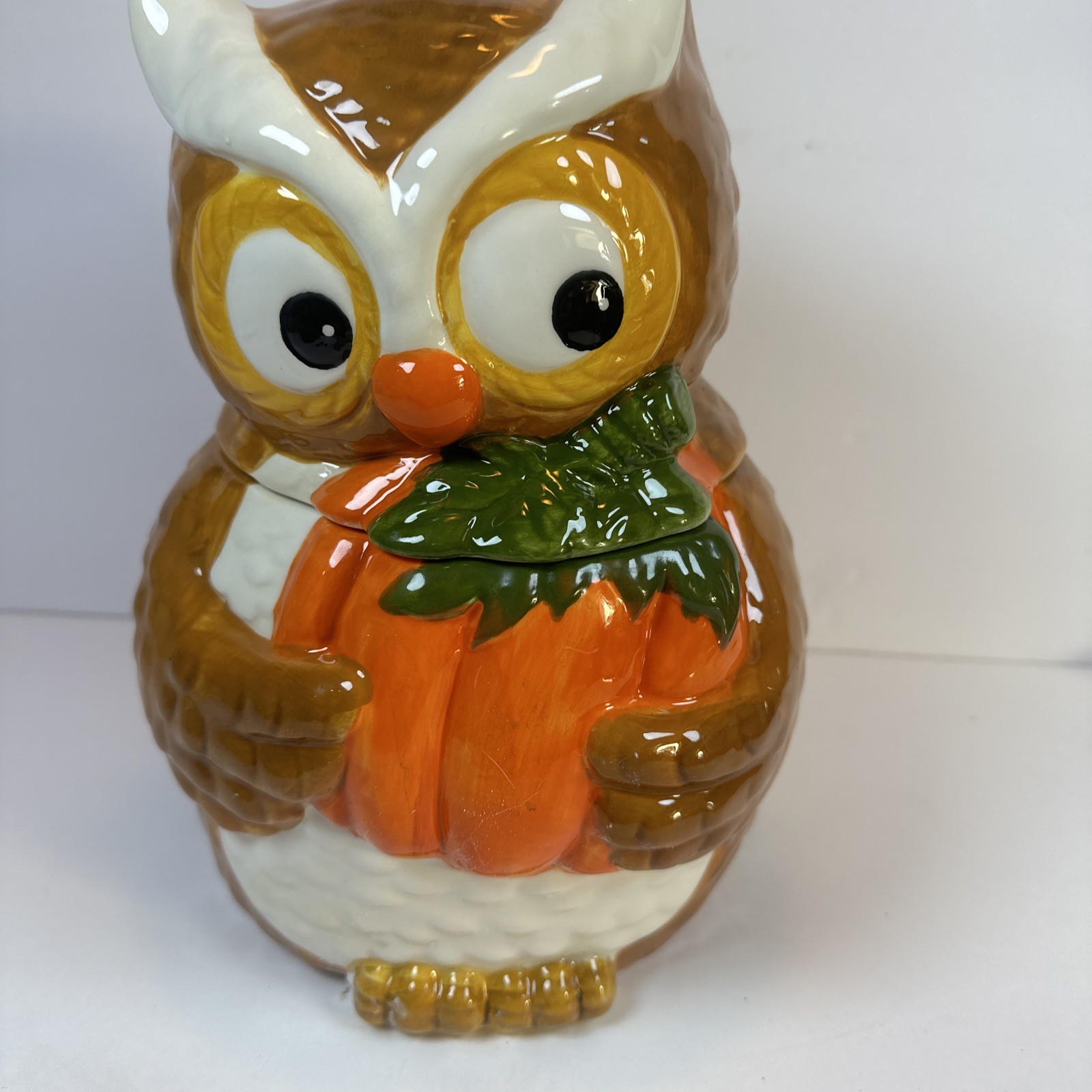 David’s Cookies Autumn Fall Harvest Ceramic Owl Pumpkin Cookie Jar Canister SRS4