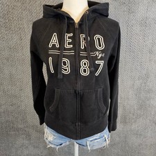 Aeropostale Womens Aero 1987 Graphic Full Zip Hoodie Black Fleece Sweatshirt M