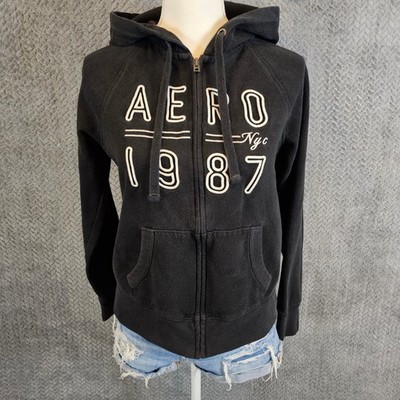 Aeropostale Womens Aero 1987 Graphic Full Zip Hoodie Black Fleece Sweatshirt M