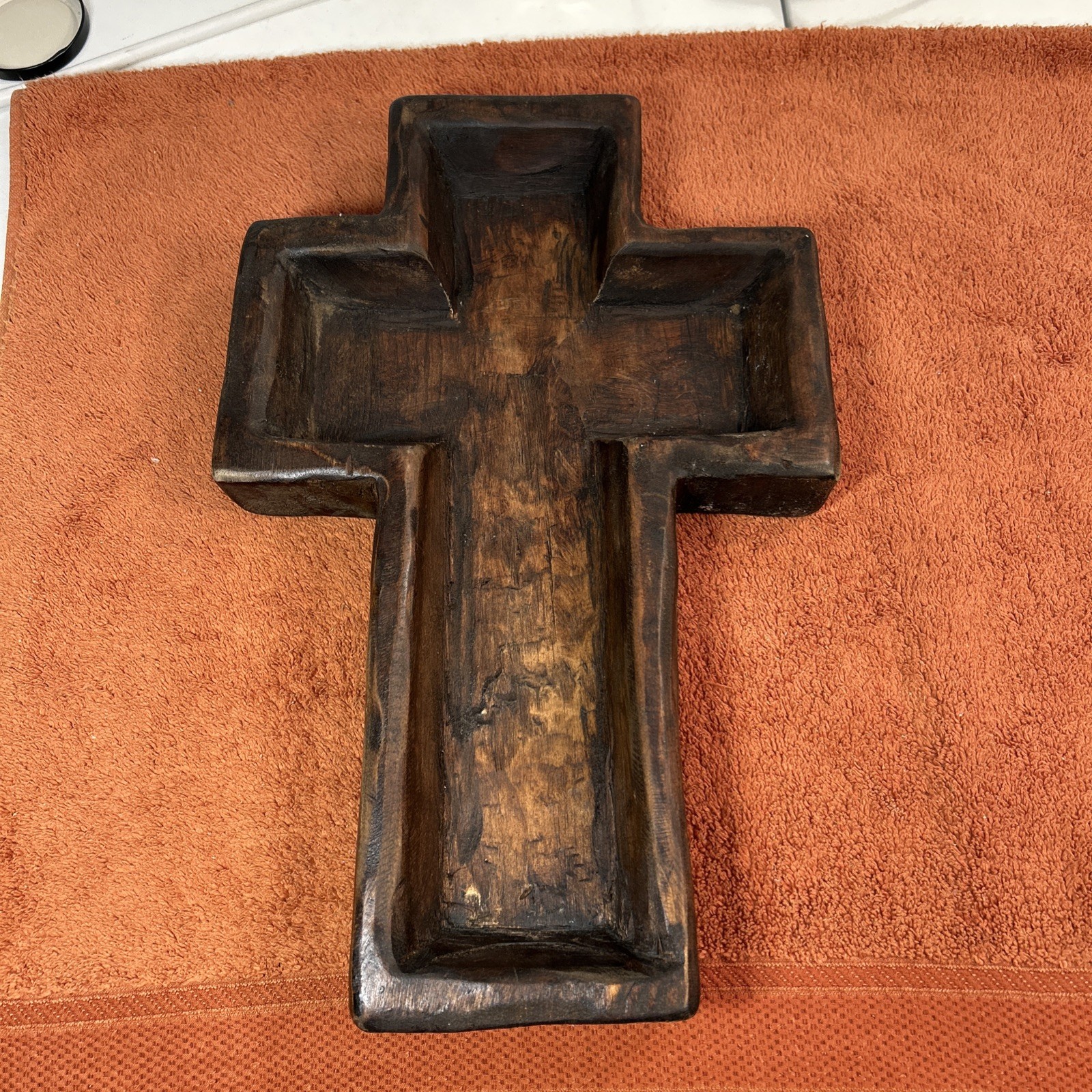 Hand carved wooden CROSS shaped Primitive bowl 17”T 11”W