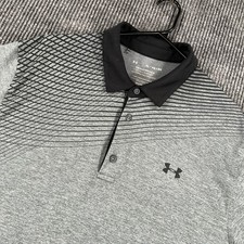 Under Armour Playoff Polo Shirt Mens XL Gray Black Striped Short Sleeve HeatGear