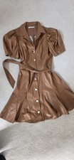 alice + olivia Brown Leather A-Line Dress Puff Short Sleeve Collared Belted