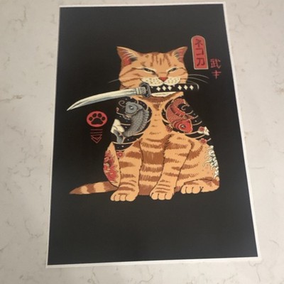 12 x 18 Cat Samurai Japanese Art Multicolor Vertical Paper Poster Print