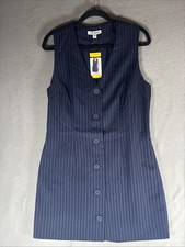 Steve Madden Women's Pinstripe Dress Short Length Button Front Size M Navy