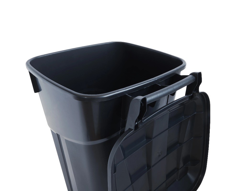 Heavy Duty 32 Gal Wheeled Plastic Garbage Can, Attached Lid, Black, 2 Pack