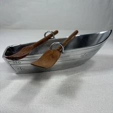 Godinger Aluminum Row Boat Salad/Serving Dish Wooden Fork And Spoon Oars NEW Box