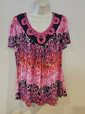Sz 1x Essentials Pink Black Top S/S V Neck Tunic