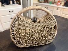 Vintage Wooden Woven Wicker Rattan 11" Wide Purse