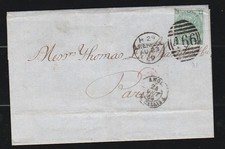 GB 1856 1/- Green SG 117 On cover Liverpool to Paris via Calais CV £90