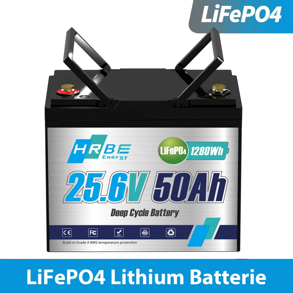 HRBEENERGY Batería de litio 24V LifePo4 50Ah barco BMS autocaravana 10 años de vida útil