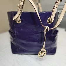 Michael Kors Patent Leather Tote Bag Purple Patent Shoulder Bag Gold MK Charm