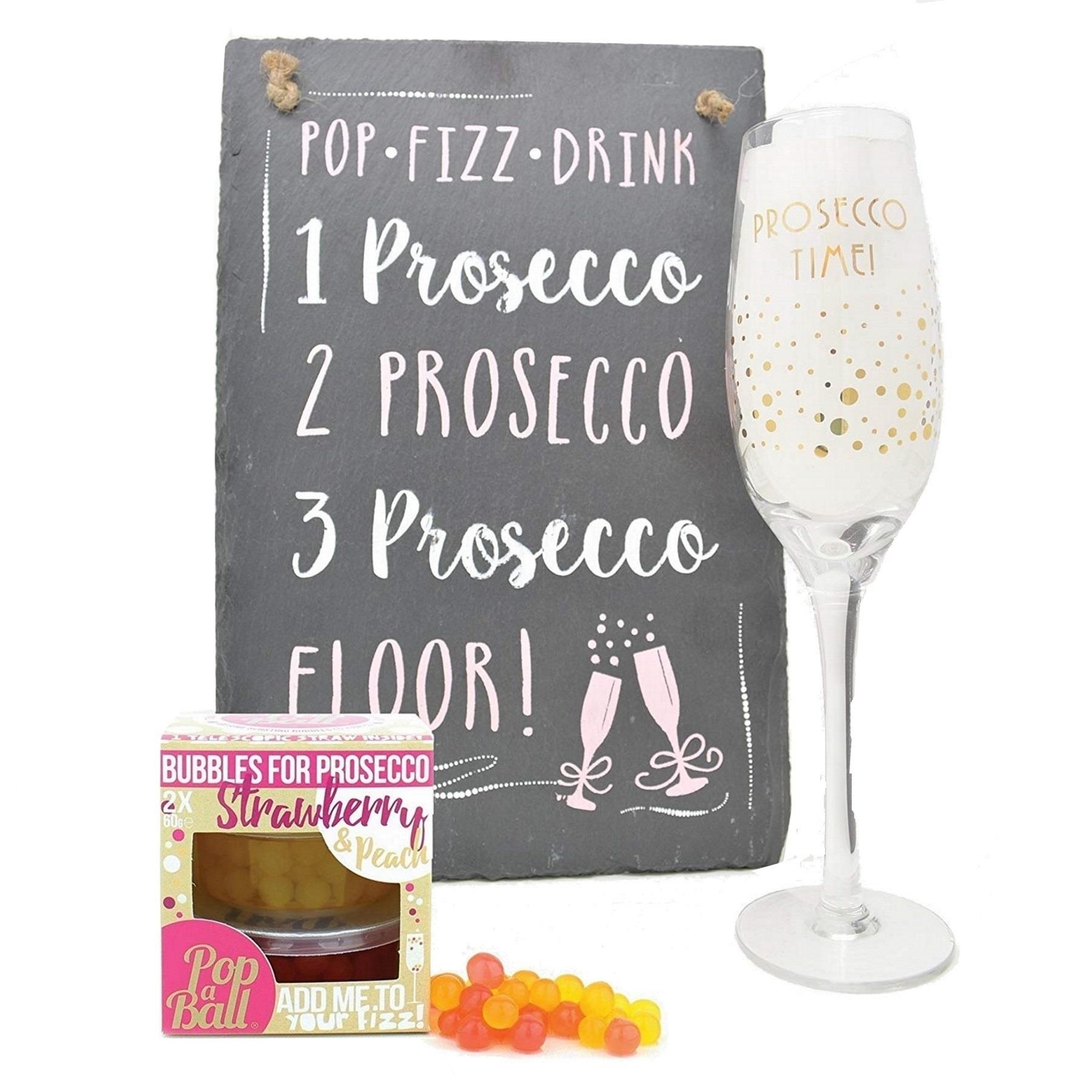 Glass & Slate Plaque Prosecco And Strawberry & Peach Popaballs Duo Gift Set Idea