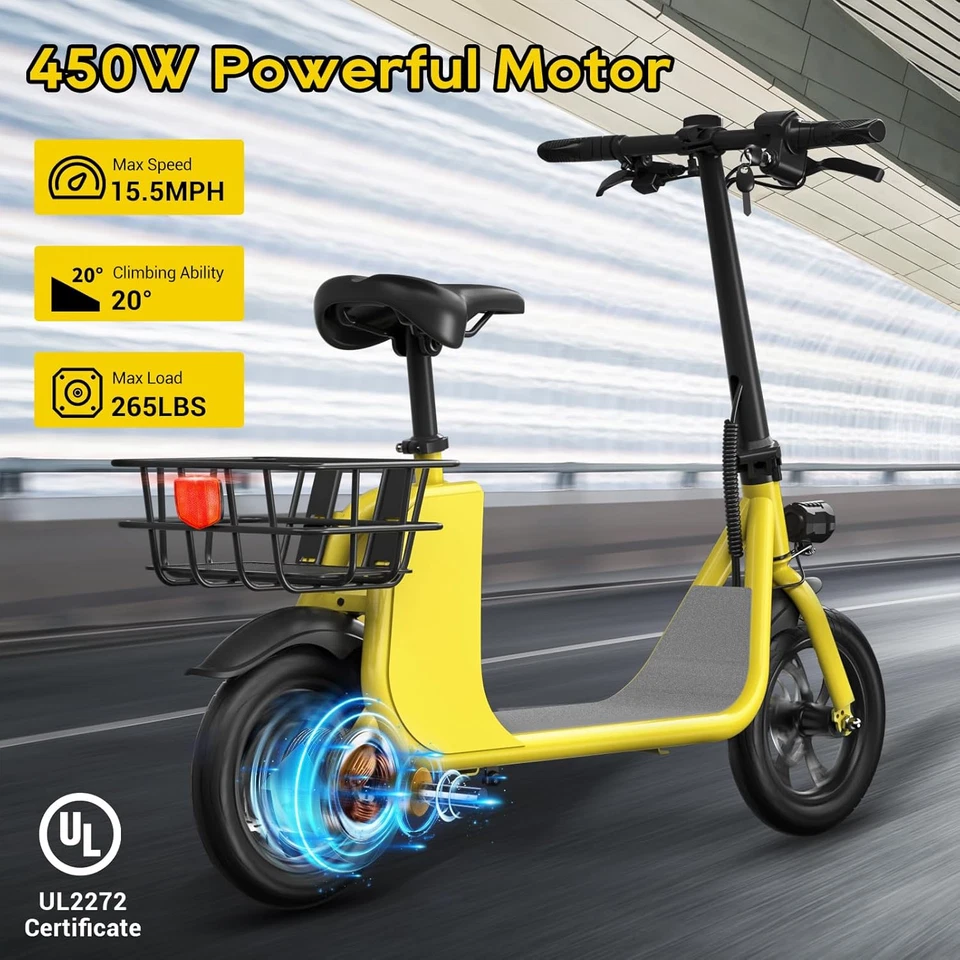 Складной электрический скутер с сиденьем для взрослых 12,5 дюйма 20 миль пригородный скутер E - Изображение 3 из 4