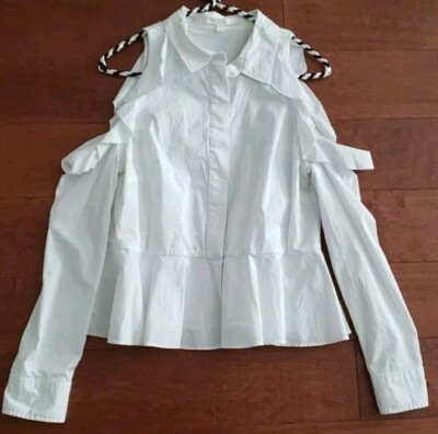 Jonathan Simkhai Designer White Cotton Ruffle Peplum Cild Shoulder Blouse Size M