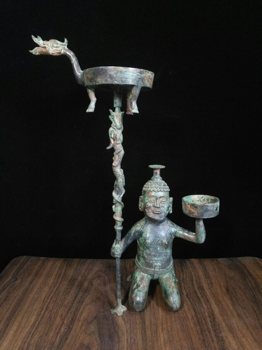42cm Ancient China Bronze Dynasty Kneel person Dragon staff oil