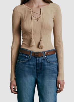 $295 rag & bone Women Brown Lace-Up Rib Blouse Top XS