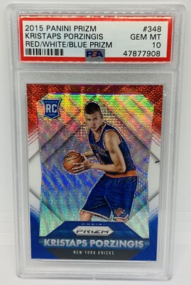 2015-16 Prizm Kristaps Porzingis Rookie Red White Blue Wave PSA 10 GEM MT Knicks