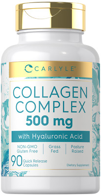 Collagen with Hyaluronic Acid 500mg | 90 Capsules | Hydrolyzed | by Carlyle