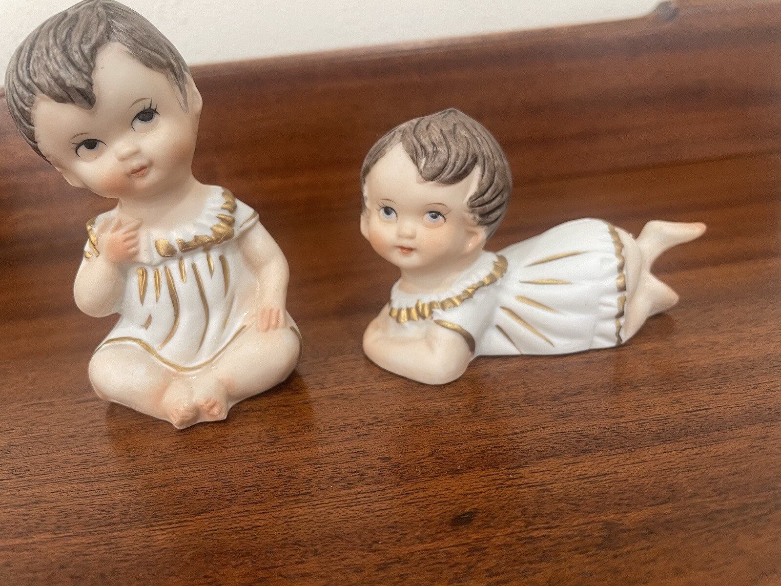 2 Vintage Piano Babies 1 Sitting, 1 Crawling Bisque Porcelain Figurines