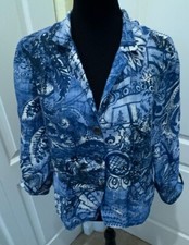 Chicos Women's Linen Jacket Size Large Blue Shear Floral 3/4 Sleeve Bohemian