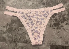 NWT VICTORIA'S SECRET PINK BUTTERFLY RIBBED KNIT LACE STRAPPY THONG PANTIES