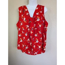 Cabi Tied Up Floral Print Tie-Neck Sleeveless Blouse Casual Top Red Large