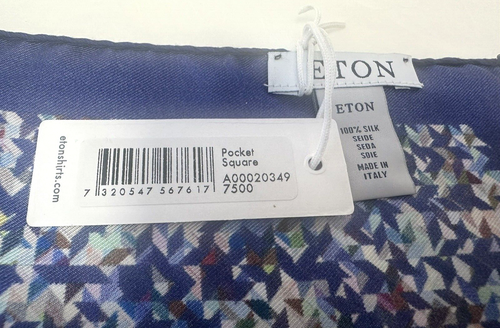 NEW! Eton navy blue silk pocket square with multicoloured geometric pattern - Picture 8 of 9