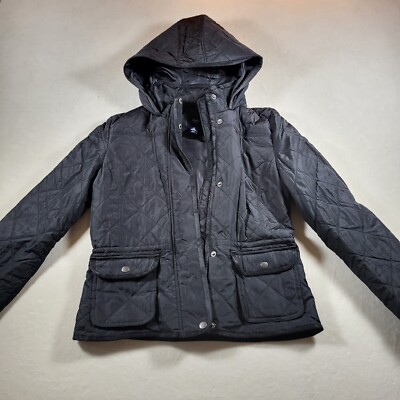 Gap Jacket Womens XS Black Quilted Full Zip Hooded Long Sleeve Cinched