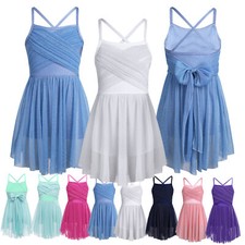 UK Girls Shiny Ballet Dance Dress Spaghetti Straps Bowtie Back Leotard Lyrical 