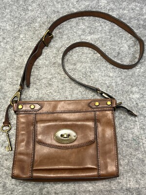 Vtg Fossil Maddox Brown Leather Turn Lock Crossbody Messenger Bag!  8 x 10 EUC