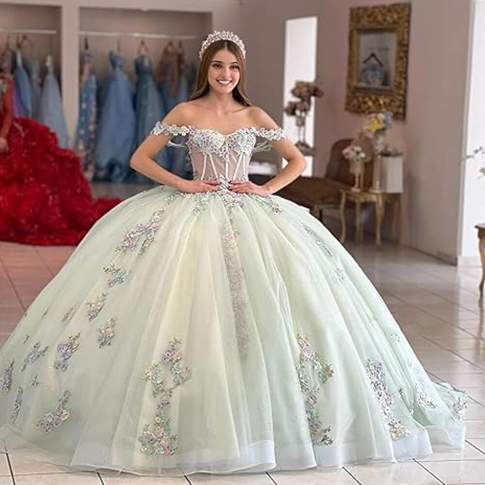 Vrouwen Prinses Groene Quinceanera Jurk Baljurk Spaghetti Bandjes Tule Quinceanera Jurk Met 3d Bloem Appliques