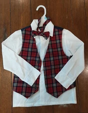 IZOD Boys 3pc Set Size 5 Bow Tie, Red/Blue Plaid Vest, Shirt  NEW ☆NO Pants☆