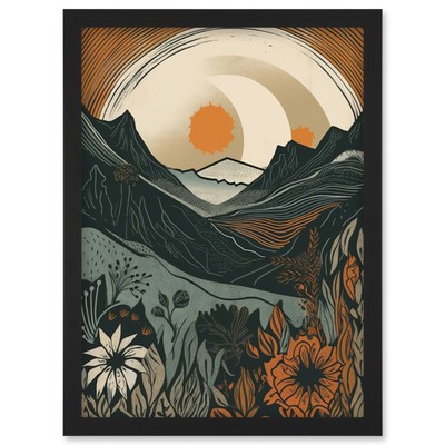 Wilde Blumen in schottischen Hügeln Sonnenaufgang Landschaft gerahmtes Kunstbild Druck A4