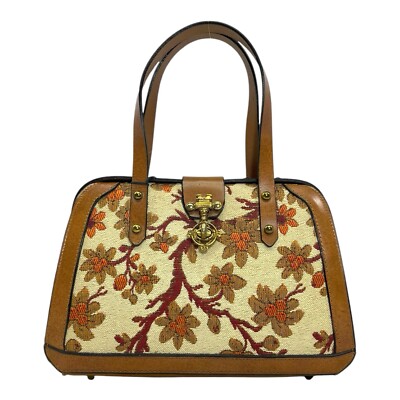 Vintage 50s 60s BURLINGTON Tapestry Leather Frame Satchel Bag