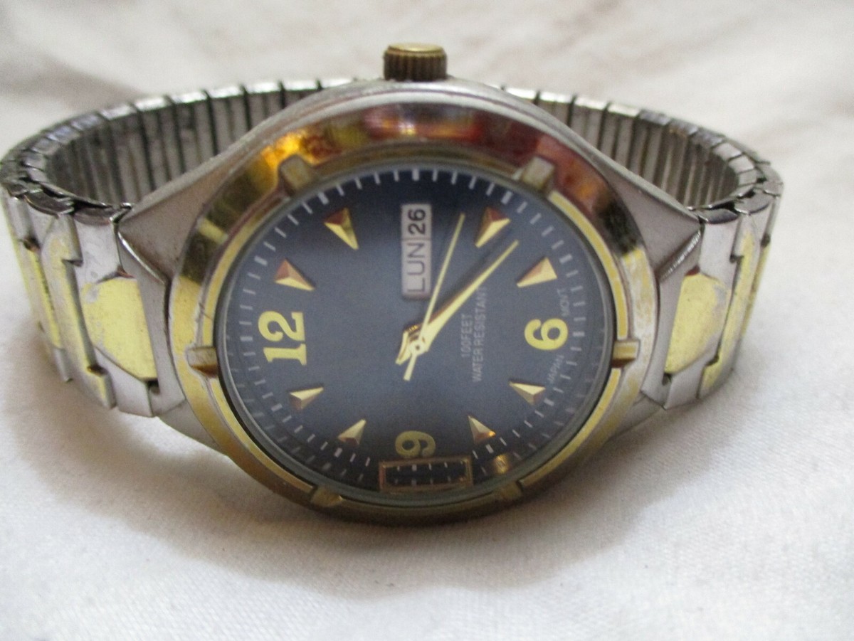 Watch Gold & Silver Toned Expansion Band Round Blue Face 
