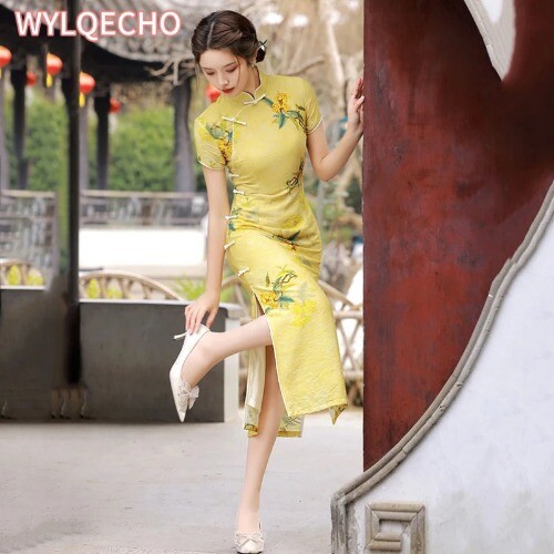 Yellow Print Cheongsam Improved Short Sleeve Vintage Dress Chinese Style Qipao - Picture 6 of 18
