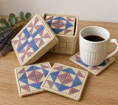 Vintage Handmade Plastic Canvas Coaster Set w Box Needlepoint Pink Blue 7 Pc