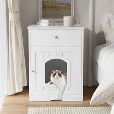 White Solid Wood Cat Litter Box Enclosure with Drawer, Side Table  Nightstand