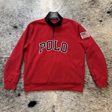 Polo Ralph Lauren Red 1/4 Zip Fleece Pullover USA Flag Patch Size L       