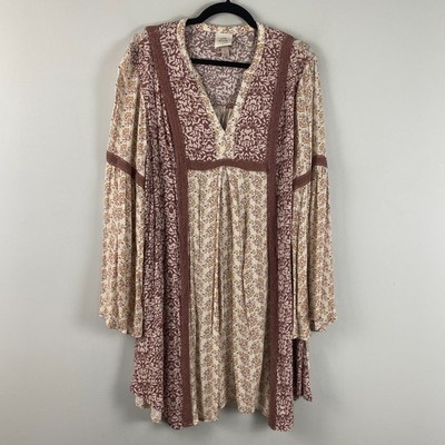 Knox Rose Border Print Bell Sleeve Dress Size Large Mini Floral Boho V Neck