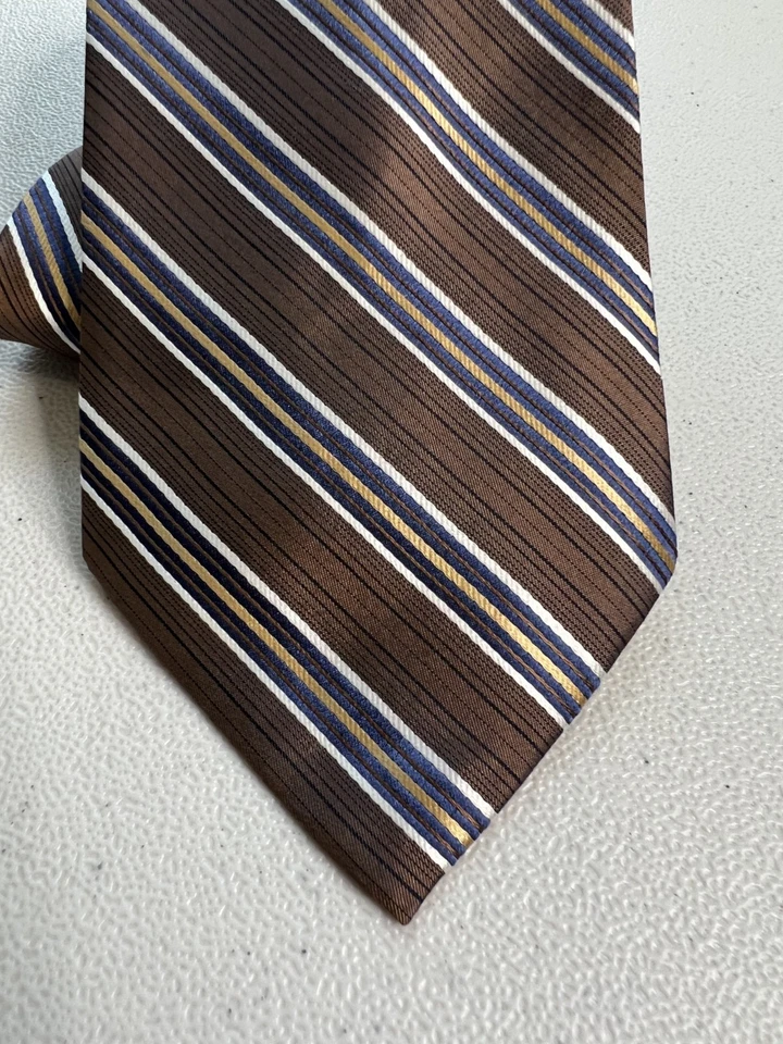 Claiborne Brown, Blue, White Striped Pattern 100% Silk Handmade Tie NWOT - Image 2 of 4