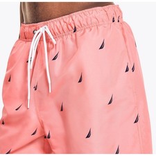 Nautica Sail Boat Print Swim Trunks Mens Size L Coral Pink Elastic Waist Shorts
