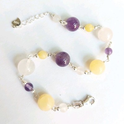 925 Silber Armband mit Amethyst, Gelber Jade, Hämatit und Rosenquarz 