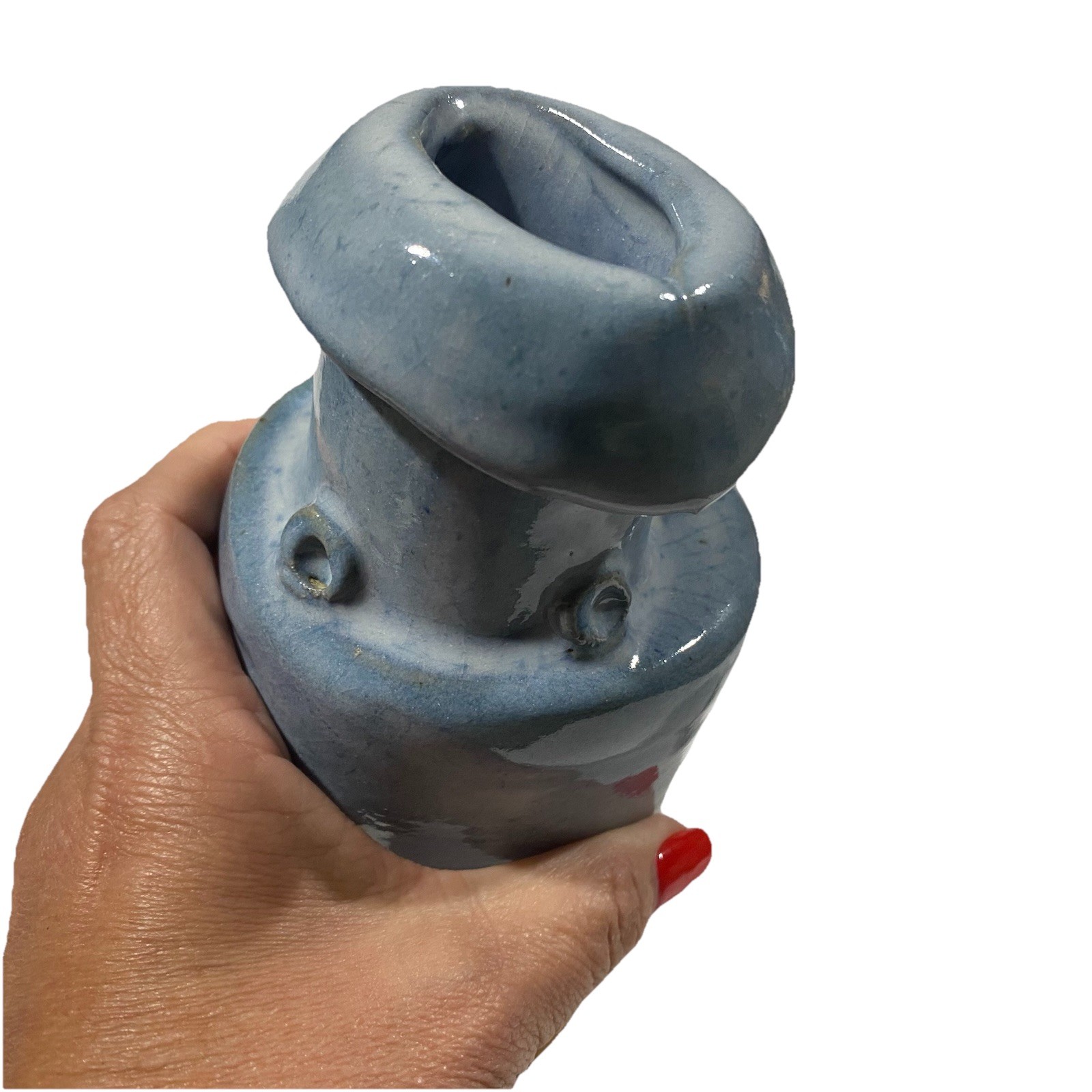 Brutalist Vase Signed Pottery 8” Off Center Blue Minimalist Decor Unique Beach