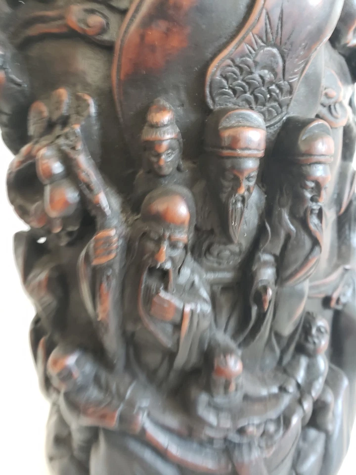 Antigua taza china tallada en resina en relieve género escena libación años 1900-1920 8"" Foto 3 de 4