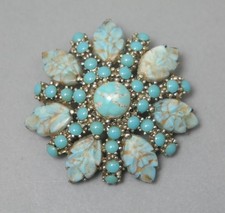 VINTAGE SPHINX GOLD TONE METAL TURQUOISE ROUND FLORAL FLOWER PIN BROOCH