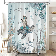Funny Cat Shower Curtain Sea Turtle Ocean Animal Underwater Coral Octopus Sea...