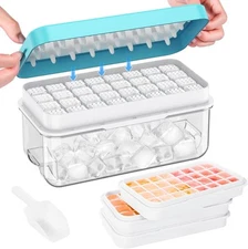 Ice Cube Tray 3 Pack with Lid & Bin BPA Free Plastic Mold for Whiskey Cocktails